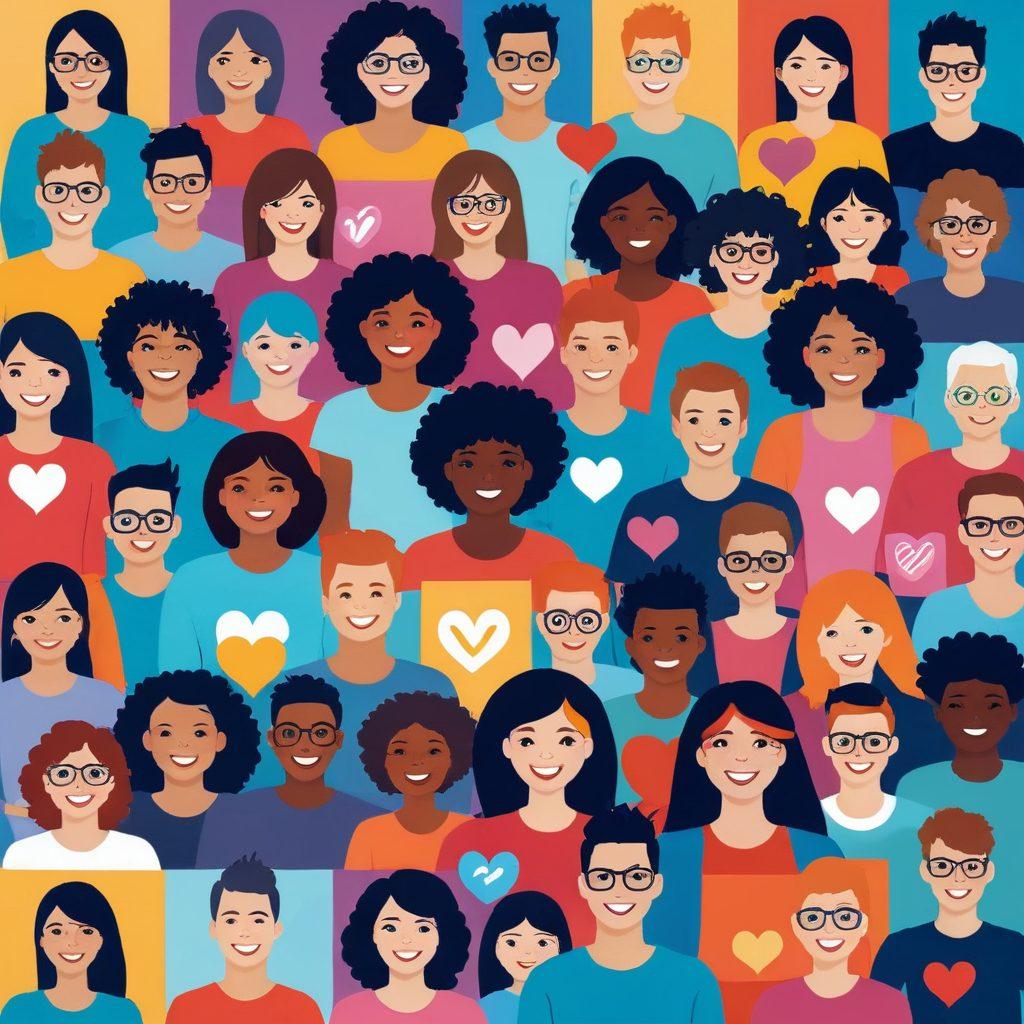 A lively scene with diverse people joyfully interacting through their webcams, surrounded by colorful digital icons like hearts and smiley faces. The background features a vibrant, tech-inspired aesthetic with streaming elements, such as playful video frames and social media notifications. The atmosphere exudes happiness and engagement, reflecting the theme of connection. colorful vector art. bright and cheerful color palette.