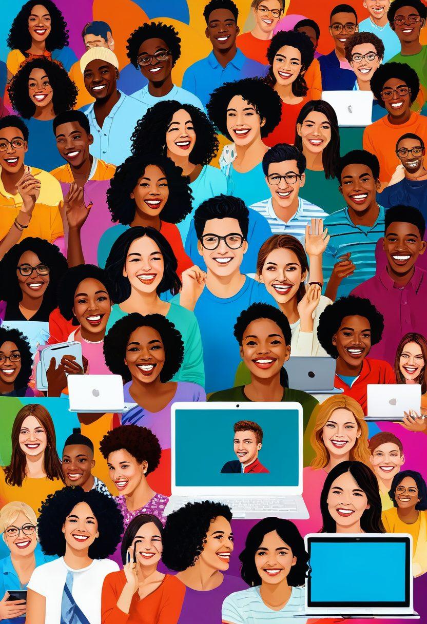 A lively and colorful digital collage showcasing people engaged in fun webcam chat experiences, with animated facial expressions and playful backgrounds. Include various gadgets like laptops and smartphones, connecting friends across the globe, emphasized by vibrant connection lines. Capture the essence of joy and interaction, highlighting different cultures, age groups, and cozy home environments. super-realistic. vibrant colors. playful design.